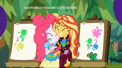 Size: 1366x768 | Tagged: safe, screencap, pinkie pie, sunset shimmer, better together, equestria girls, sunset's backstage pass!, best friends, cute, easel, geode of sugar bombs, magical geodes, messy, music festival outfit, paint, smiling