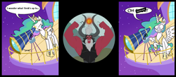 Size: 1280x560 | Tagged: safe, screencap, lord tirek, princess celestia, alicorn, pony, twilight's kingdom, comic, exploitable meme, meme, speech bubble, telescope meme