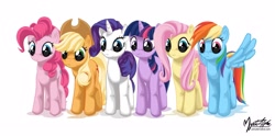 Size: 1250x620 | Tagged: safe, artist:mysticalpha, derpibooru import, applejack, fluttershy, pinkie pie, rainbow dash, rarity, twilight sparkle, earth pony, pegasus, pony, unicorn, curiosity, female, line-up, mane six, mare, simple background, white background, wingboner