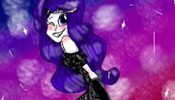 Size: 1037x594 | Tagged: safe, artist:alcmino_lover, rarity, equestria girls, abstract background, clothes, dress, female, one eye closed, smiling, solo, wink