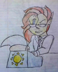 Size: 1000x1227 | Tagged: safe, artist:midday sun, oc, oc only, oc:midday sun, equestria girls, clothes, glasses, gloves, lined paper, necktie, shirt, solo, traditional art, typewriter, typing, writing