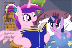 Size: 1305x870 | Tagged: safe, princess cadance, twilight sparkle, unicorn twilight, alicorn, pony, unicorn, bed, bedtime story, blanket, book, bow, cadance's bedtime stories, chair, dante alighieri pardoy, detailed background, duo, duo female, exploitable meme, female, females only, filly, filly twilight sparkle, hair bow, hoof hold, horn, implied death, italian, looking at each other, looking up, medieval tuscan, meme, multicolored mane, open mouth, parody, pillow, pink coat, pink wings, pony hell, purple coat, purple eyes, sitting, smiling, spread wings, text, wings, younger
