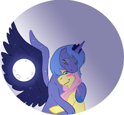 Size: 2171x2022 | Tagged: safe, artist:silent-nona-light, fluttershy, princess luna, alicorn, pegasus, pony, female, lesbian, lunashy, moon, s1 luna, shipping