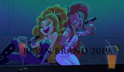 Size: 1280x740 | Tagged: safe, artist:bevin brand, adagio dazzle, oc, oc:mezma, equestria girls, clothes, disguise, disguised siren, dress, drink, duet, eyes closed, karaoke, microphone, official fan art, singing, siren oc, sitting, watermark