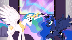 Size: 1365x768 | Tagged: safe, screencap, princess celestia, princess luna, alicorn, pony, the crystal empire, duo, ethereal mane, female, horns are touching, mare, raised hoof, royal sisters, sisters, spread wings, starry mane, wings