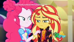 Size: 1280x720 | Tagged: safe, screencap, pinkie pie, sunset shimmer, better together, equestria girls, sunset's backstage pass!, annoyed, discovery kids, geode of empathy, geode of sugar bombs, magical geodes, music festival outfit, spanish, spanish text