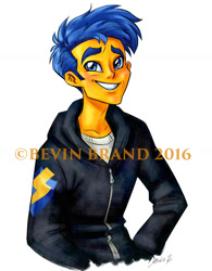 Size: 1237x1589 | Tagged: safe, artist:bevin brand, flash sentry, better together, equestria girls, clothes, hoodie, male, official fan art, smiling, solo