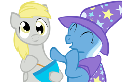 Size: 1800x1200 | Tagged: safe, artist:qq-crier-t-t, derpibooru import, derpy hooves, trixie, pegasus, pony, female, happy, mare, smiling