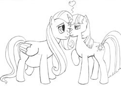 Size: 837x607 | Tagged: safe, artist:numerico, derpibooru import, fluttershy, twilight sparkle, pegasus, pony, unicorn, female, heart, lesbian, mare, monochrome, nuzzling, pregnant, shipping, twishy