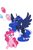 Size: 988x1500 | Tagged: safe, pinkie pie, princess luna, alicorn, earth pony, pony, spoiler:comic, balloon, eyes closed, flying, frown, grin, happy, open mouth, raised hoof, simple background, smiling, spread wings, vector, white background