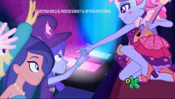 Size: 1366x768 | Tagged: safe, screencap, desert sage, guy grove, kiwi lollipop, sandy cerise, space camp (character), better together, equestria girls, sunset's backstage pass!, bare shoulders, electric guitar, feet, guitar, hat, high heels, k-lo, legs, musical instrument, offscreen character, sandals, shoes, sleeveless, stage, strapless