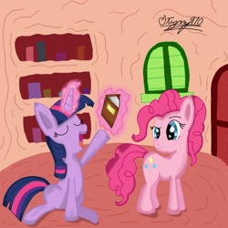 Size: 2500x2500 | Tagged: safe, artist:php7, derpibooru import, pinkie pie, twilight sparkle, earth pony, pony, unicorn, book, duo, duo female, female, frown, golden oaks library, high res, looking back, magic, mare, sitting