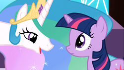 Size: 1366x768 | Tagged: safe, screencap, princess celestia, twilight sparkle, alicorn, pony, unicorn, the crystal empire, duo, duo female, female, horn, mare