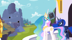 Size: 1365x768 | Tagged: safe, screencap, princess celestia, princess luna, alicorn, pony, season 3, the crystal empire, crown, duo, ethereal mane, female, glowing horn, jewelry, mare, mountain, mysterious book, notebook, railroad, regalia, royal sisters, sisters, smiling, starry mane, starswirl's book, wings