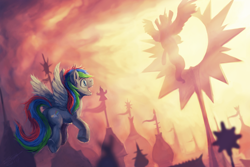 Size: 1920x1280 | Tagged: safe, artist:assasinmonkey, princess celestia, oc, oc:prime color, alicorn, pegasus, pony, canterlot, flying, open mouth, silhouette, smiling, spread wings, summer sun celebration, sunrise