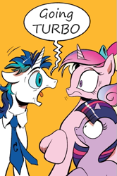 Size: 365x549 | Tagged: safe, idw, princess cadance, shining armor, twilight sparkle, alicorn, pony, unicorn, andrew francis, dialogue, exploitable meme, female, filly, floppy ears, looking at each other, max steel, meme, necktie, open mouth, orange background, raised hoof, screaming armor, shrunken pupils, simple background, turbo, voice actor joke, younger