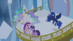 Size: 1280x720 | Tagged: safe, screencap, princess cadance, princess celestia, princess luna, twilight sparkle, twilight sparkle (alicorn), alicorn, pony, alicorn tetrarchy, animated, balcony, crystal empire, crystal palace, female, flying, mare, singing, you'll play your part, zoom out
