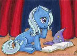 Size: 522x376 | Tagged: safe, artist:jpepart, derpibooru import, trixie, book, stage