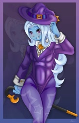 Size: 1280x1979 | Tagged: safe, artist:jennobasilicum, trixie, equestria girls, cane, clothes, female, hat, smiling, zoom layer