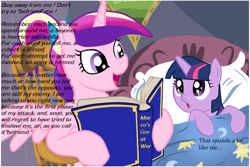 Size: 1024x683 | Tagged: safe, princess cadance, twilight sparkle, unicorn twilight, alicorn, pony, unicorn, bayonet, bed, bedtime story, blanket, book, bow, cadance's bedtime stories, chair, detailed background, duo, duo female, exploitable meme, female, females only, filly, filly twilight sparkle, hair bow, hoof hold, horn, looking at each other, looking up, marco's great war, meme, multicolored mane, open mouth, pillow, pink coat, pink wings, purple coat, purple eyes, sitting, smiling, spread wings, text, wings, younger