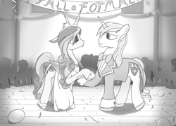 Size: 2000x1440 | Tagged: safe, artist:regolithx, idw, princess cadance, shining armor, alicorn, pony, unicorn, bowtie, clothes, dancing, dress, fall formal, monochrome, tuxedo, younger