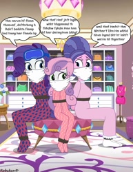 Size: 785x1018 | Tagged: safe, artist:robukun, cookie crumbles, rarity, sweetie belle, equestria girls, arm behind back, bondage, bound and gagged, cloth gag, clothes, equestria girls-ified, female, footed sleeper, footie pajamas, gag, mother and child, mother and daughter, mother's day, muffled words, nightgown, otn gag, over the nose gag, pajamas, parent and child, siblings, sisters, sleep mask, tied up