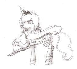 Size: 1390x1252 | Tagged: source needed, safe, artist:i am nude, princess luna, awoken, cloak, clothes, cosplay, destiny (game), gun, looking at you, monochrome, shoes, solo