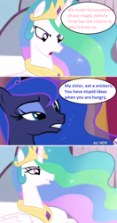 Size: 674x1278 | Tagged: safe, artist:ed-skar, princess celestia, princess luna, alicorn, pony, twilight's kingdom, meme, snickers, this will end in tears and/or a journey to the moon, you're not you when you're hungry