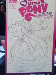 Size: 768x1024 | Tagged: safe, artist:andypriceart, princess luna, tiberius, alicorn, pony, cloud, cover, eyes closed, happy, monochrome, moon, open mouth, sketch, traditional art