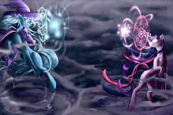 Size: 1500x1000 | Tagged: safe, artist:laweegie, derpibooru import, trixie, twilight sparkle, duel, duo, fight, glowing eyes, magic, runes