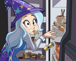 Size: 1500x1200 | Tagged: safe, artist:ric-m, derpibooru import, trixie, human, cape, caught, clothes, cute, diatrixes, female, food, funny, hat, humanized, i emptied your fridge, looking at you, refrigerator, trixie's cape, trixie's hat