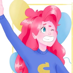 Size: 1080x1080 | Tagged: safe, alternate version, artist:nyume_e, pinkie pie, equestria girls, balloon, bust, clothes, female, grin, one eye closed, peace sign, smiling, solo, text, wink