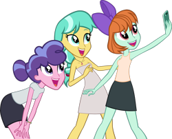 Size: 4040x3268 | Tagged: safe, artist:ironm17, berry blend, berry bliss, citrine spark, fire quacker, peppermint goldylinks, equestria girls, armpits, cellphone, clothes, dress, equestria girls-ified, friendship student, phone, selfie, shirt, shoulderless, simple background, skirt, sleeveless, t-shirt, transparent background, vector