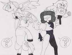 Size: 817x634 | Tagged: safe, artist:gojira007, princess cadance, shining armor, alicorn, pony, unicorn, amethyst (steven universe), crossover, epic wife tossing, fastball special, garnet (steven universe), monochrome, steven universe, traditional art