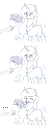 Size: 600x1608 | Tagged: safe, artist:nalenthi, discord, princess celestia, alicorn, pony, twilight's kingdom, ..., :t, cute, cutelestia, dislestia, eating, eyes closed, female, flower, horses doing horse things, male, monochrome, nom, open mouth, puffy cheeks, scene parody, shipping, smiling, straight