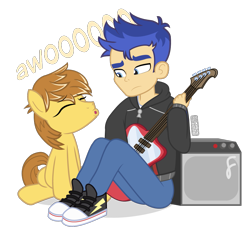 Size: 975x900 | Tagged: safe, artist:dm29, feather bangs, flash sentry, earth pony, pony, equestria girls, awoo, behaving like a dog, converse, guitar, musical instrument, shoes, simple background, transparent background, vincent tong, voice actor joke