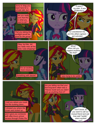 Size: 612x792 | Tagged: safe, artist:greatdinn, artist:newbiespud, edit, edited screencap, screencap, spike, sunset shimmer, twilight sparkle, dog, collaboration, comic:friendship is dragons, equestria girls, equestria girls (movie), annoyed, backpack, clothes, comic, crossed arms, cutie mark, cutie mark on clothes, dialogue, eyes closed, female, locker, male, screencap comic, spike the dog