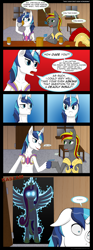 Size: 1000x2690 | Tagged: safe, artist:deusexequus, princess cadance, shining armor, oc, alicorn, pony, unicorn, aura, bar, comic, female, glowing eyes, hoofbump, implied sex, male, mare, scared, stallion, wide eyes