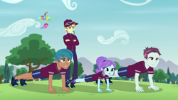 Size: 1280x720 | Tagged: safe, screencap, carlos thunderbolt, coach rommel, crystal lullaby, pinkie pie, rainbow dash, track starr, equestria girls, pinkie spy (short), background human, balloon, cap, clothes, female, hat, legs, male, push-ups, shoes, shorts, sky