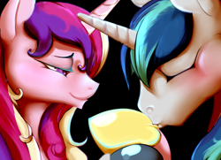 Size: 1800x1300 | Tagged: source needed, useless source url, safe, artist:severus, princess cadance, shining armor, alicorn, pony, unicorn, bedroom eyes, eyes closed, female, hoof kissing, kissing, male, shiningcadance, shipping, smiling, straight