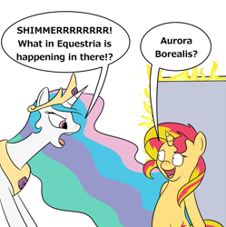 Size: 951x953 | Tagged: safe, artist:meepymaybelle, princess celestia, sunset shimmer, alicorn, pony, unicorn, 22 short films about springfield, aurora borealis, bad poker face, blatant lies, door, fiery shimmer, fire, simpsons did it, speech bubble, steamed hams, the simpsons