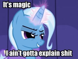 Size: 750x563 | Tagged: safe, derpibooru import, screencap, trixie, pony, boast busters, grin, image macro, it's magic, lidded eyes, magic, meme, solo, trixie yells at everything, vulgar