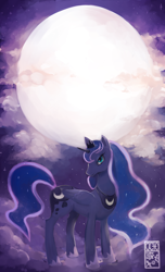 Size: 600x990 | Tagged: safe, artist:octogear, princess luna, alicorn, pony, cloud, cloudy, moon, smiling, solo, stars