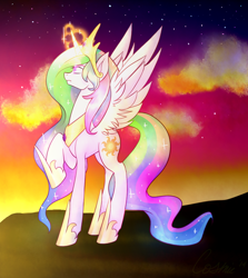 Size: 890x1000 | Tagged: safe, artist:astrequin, princess celestia, alicorn, pony, magic, raised hoof, solo, sunset