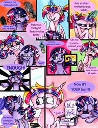 Size: 1696x2205 | Tagged: safe, artist:frostykat13, princess cadance, twilight sparkle, alicorn, pony, alternate hairstyle, brushie, comic, curling iron, filly, magic