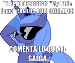 Size: 960x799 | Tagged: safe, princess luna, alicorn, pony, challenge accepted, filly, meme, rainbow dash salutes, s1 luna, salute, smiling, solo, spanish, sunglasses, woona