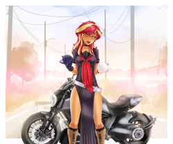 Size: 3072x2557 | Tagged: safe, alternate version, artist:slackerburst, sunset shimmer, equestria girls, blushing, clothes, cosplay, costume, lidded eyes, looking at you, motorcycle, okami-san, open clothes, open mouth