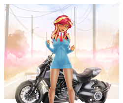 Size: 3072x2557 | Tagged: safe, alternate version, artist:slackerburst, sunset shimmer, equestria girls, blushing, clothes, erect nipples, lidded eyes, looking at you, motorcycle, nipple outline, open clothes, open mouth, sweater