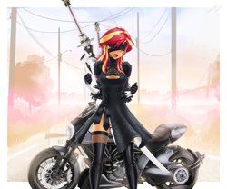 Size: 3072x2557 | Tagged: safe, alternate version, artist:slackerburst, sunset shimmer, equestria girls, blindfold, blushing, breasts, cleavage, clothes, cosplay, costume, motorcycle, nier, open clothes, open mouth, sword, weapon