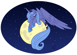 Size: 875x634 | Tagged: safe, artist:jenasu, princess luna, alicorn, pony, eyes closed, moon, s1 luna, smiling, solo, space, spread wings, tangible heavenly object, wings